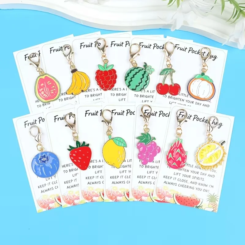 12-Piece Set of 2D Fruit Series Keychains, Featuring Various Styles Such as Banana, Strawberry, Grape, Durian, Etc., Exquisite and Cute, Easy to Hang; Comes with a 