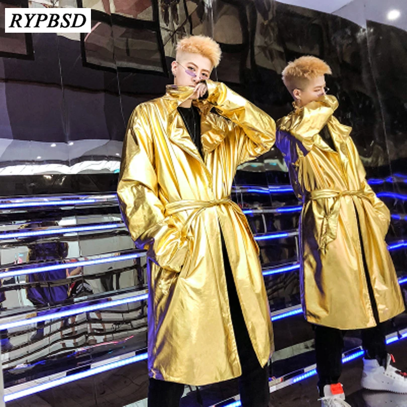 

Men Gold Long Trench Coat Autumn Shiny Stage Dance Costume Fashion Korean Loose Cloak Cape Lightweight Windbreaker Jacket Women