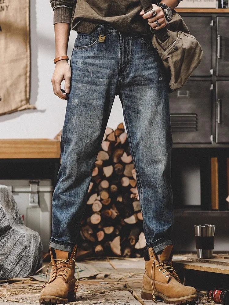 

Retro Faded Denim Jeans Men's Autumn Winter Fce Lined Loose Straight Casual Pants Youth Vitali Sle All Seasons Wear