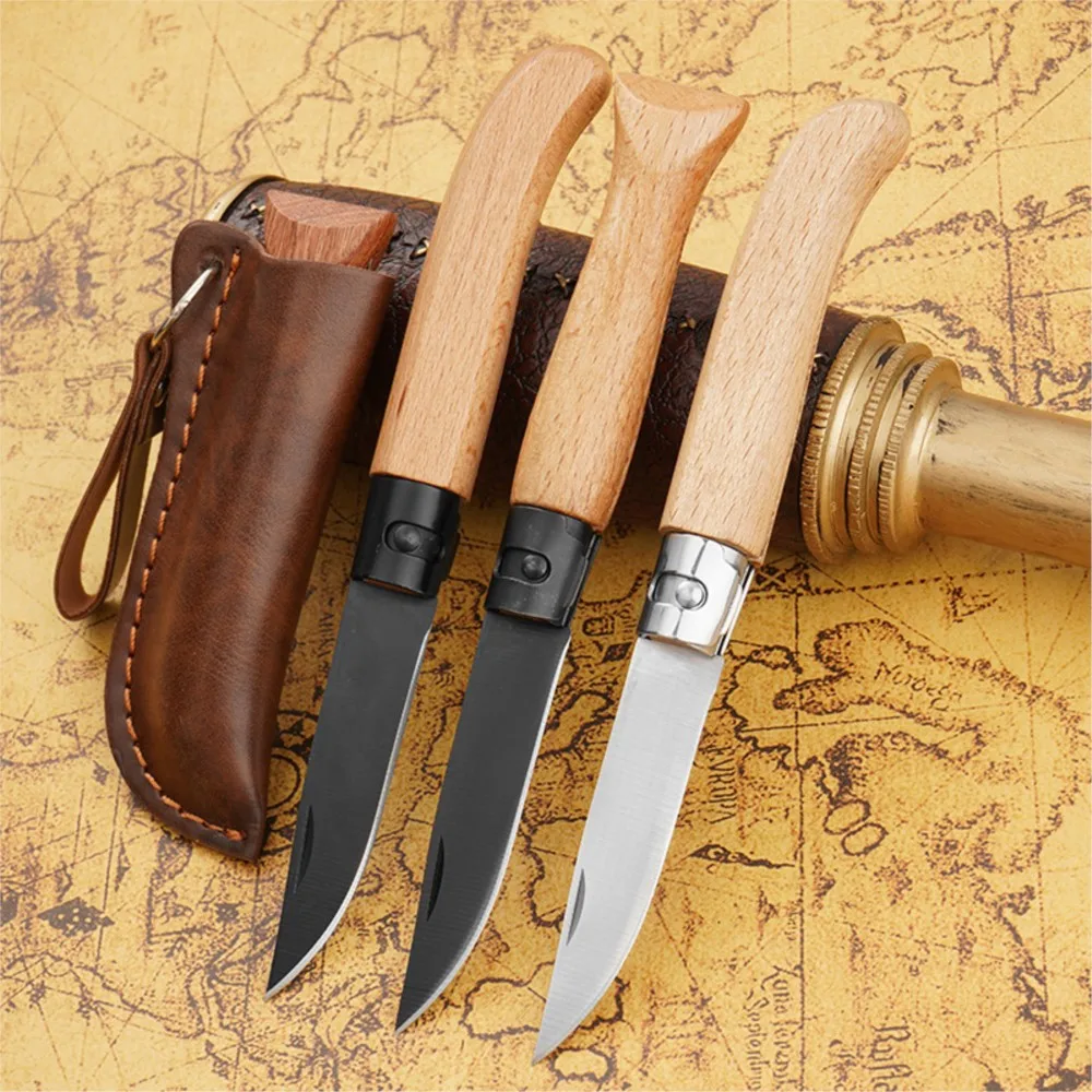 Cuchillo de Supervivencia de Acero Inoxidable para Exteriores, Cuchillo de Caza con Mango de Madera Cómodo, Cuchillo de Bolsillo para Camping de Acero 3CR13 de Calidad