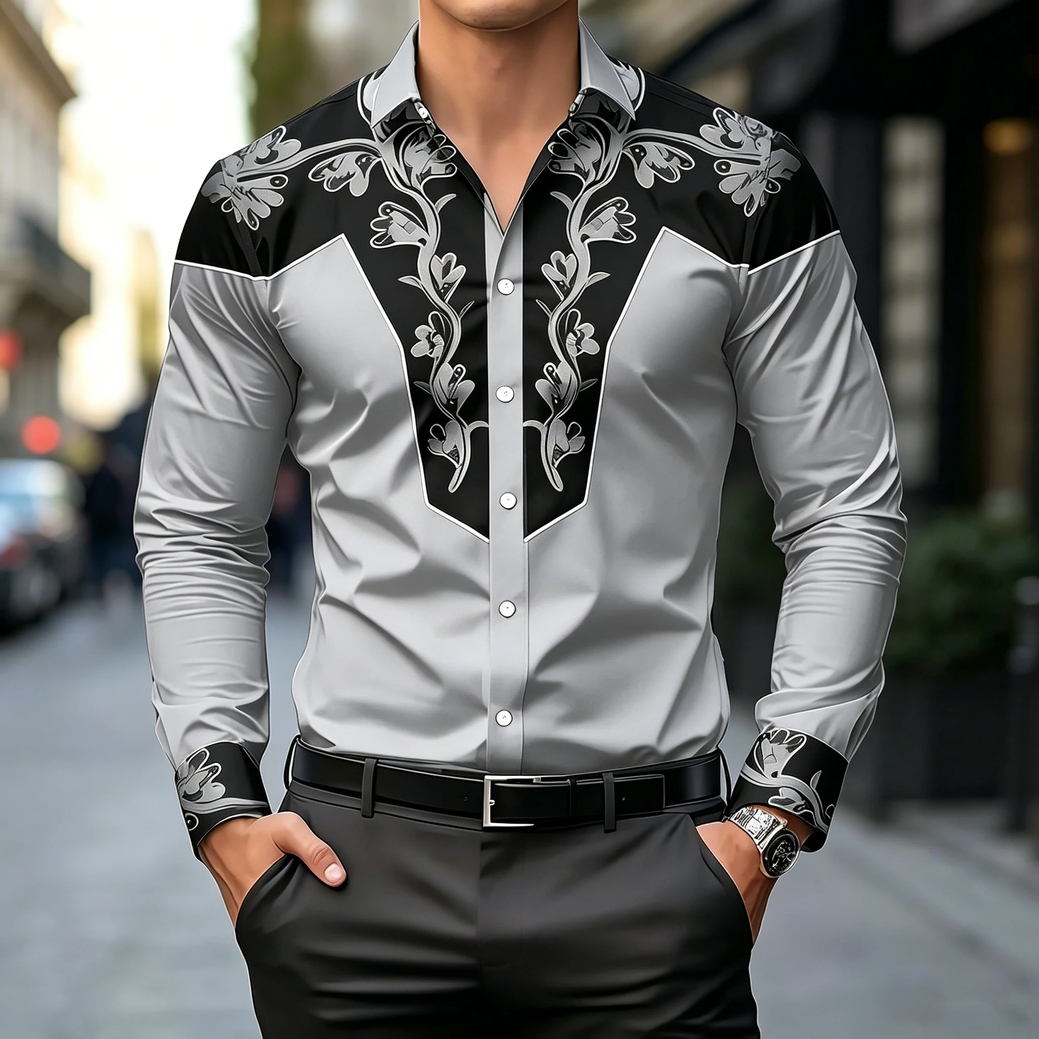 Men's collared slim-fit long-sleeved shirt, retro vine floral print shirt, business casual Western style cardigan top.