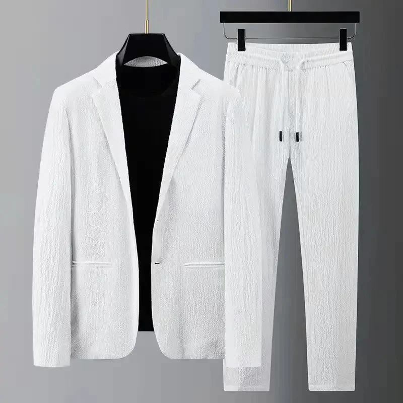 Men Summer Wrinkled Fabric Suit Set Two Button Blazer Elastic Drawstring Trousers Lightweight Casual Business 2 Piece Outfit