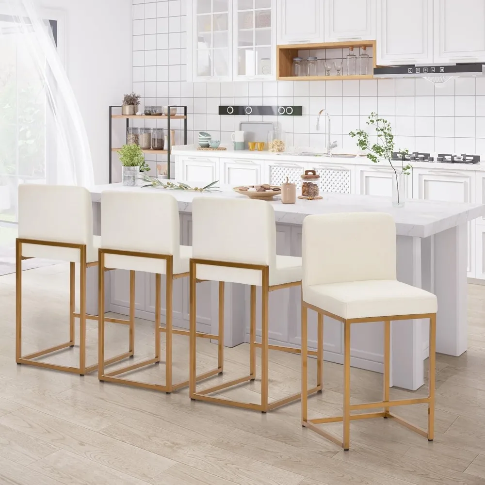 เก้าอี้บาร์โซเฟียและวิลเลียมสีขาวและสีทอง, เก้าอี้บาร์ทรงสูงแบบมีพนักพิง ชุด 4 ตัว, เก้าอี้บาร์หนัง PU ทันสมัย, 24 นิ้ว