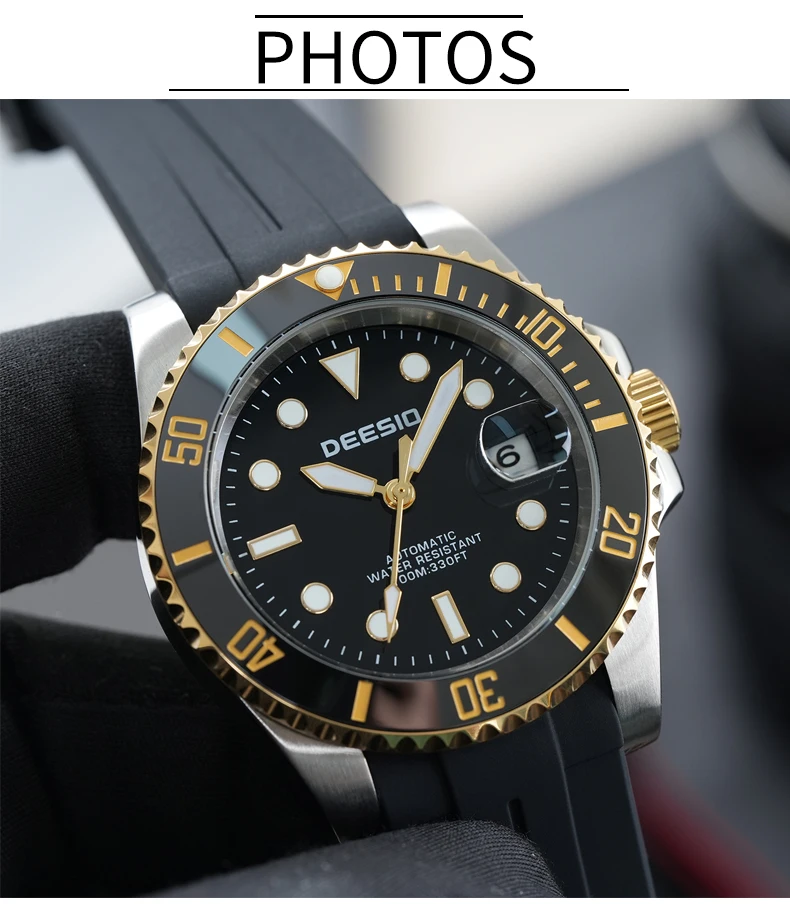 DEESIO Men's Luxury Full Automatic Mechanical Watch, Black-Golden Dial, Luminous Self-Winding, Date Calendar, High-Hardness Mineral Glass, Soft Silicone Rubber SweatproofStrap,Upgrade 100M Water Resistant, Business Casual Sport Analog Round Gift for Men