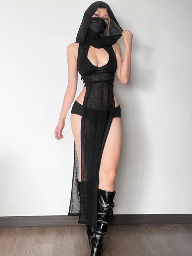 AltGoth Coquette Dark Gothic Sexy Dress Women Vintage Y2k Cyberpunk See Through Cut Out Split High Waist Knitted Hooded Dress