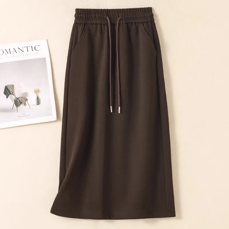 Women Plus Size Mid-length Straight Sweat Skirt Elastic Drawstring Waist Autumn Winter Skirt Fleece Lined / Regular Option