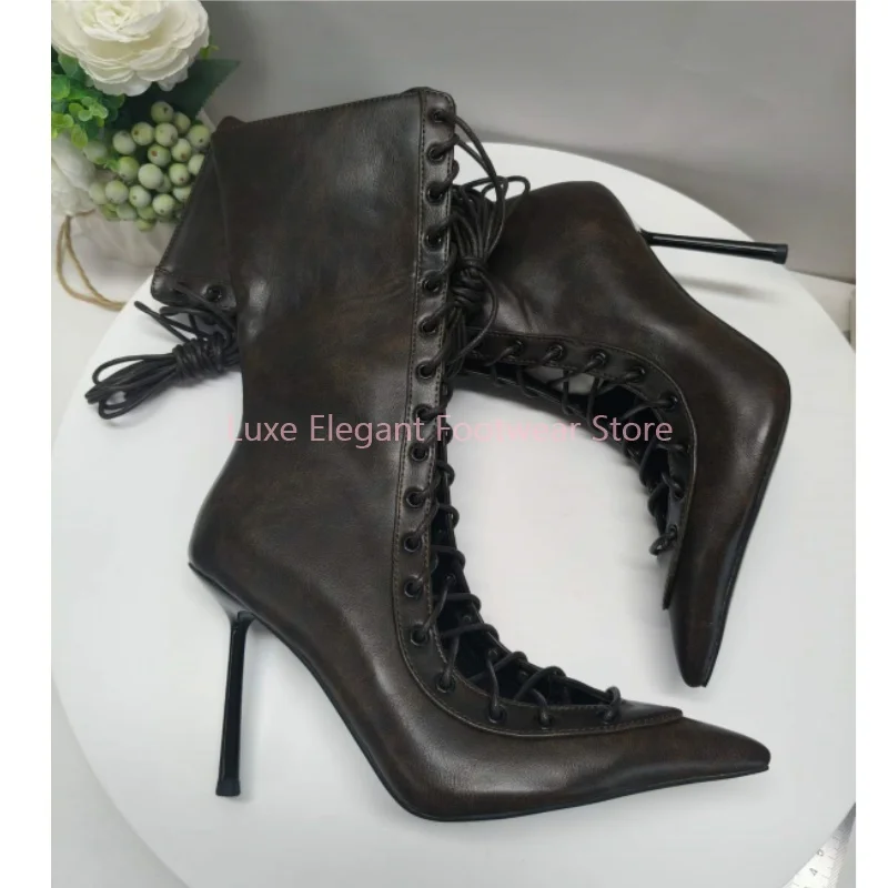 Black Front Lace Up Hollow Pointed Toe Mid Calf Boots Women Side Zipper Stiletto Ankle Boots Fashion Trendy Western Street Shoes