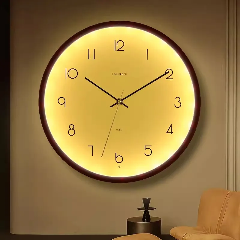 

Fashion Simple Walnut Wood Wall Clock LED Voice-activated Bedroom Living Room mute Wall Watch Luminous Light Luxury Home Decor