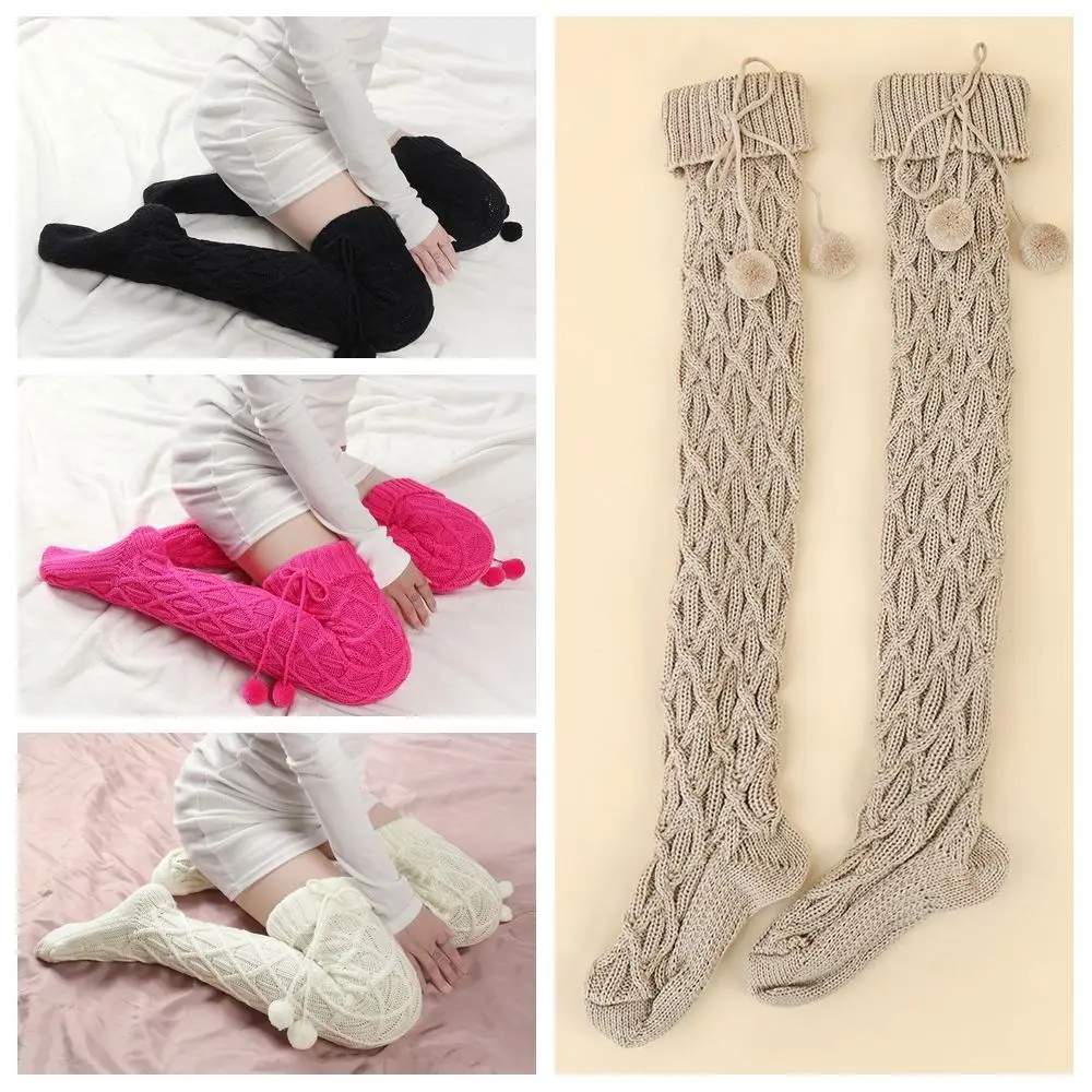 

New with Ball Tassel Tight Socks Casual Warm Knitted Socks Solid Color Over-knee Stockings Running Hiking