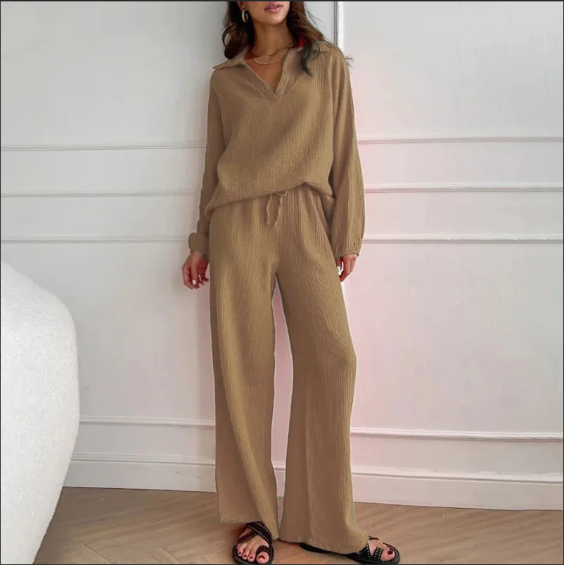 Tracksuit Wide Leg Ankle Length Solid Tops V Neck Cardigan Women Pant Sets Two Pieces L Matching Sets Loose Casual Pockets