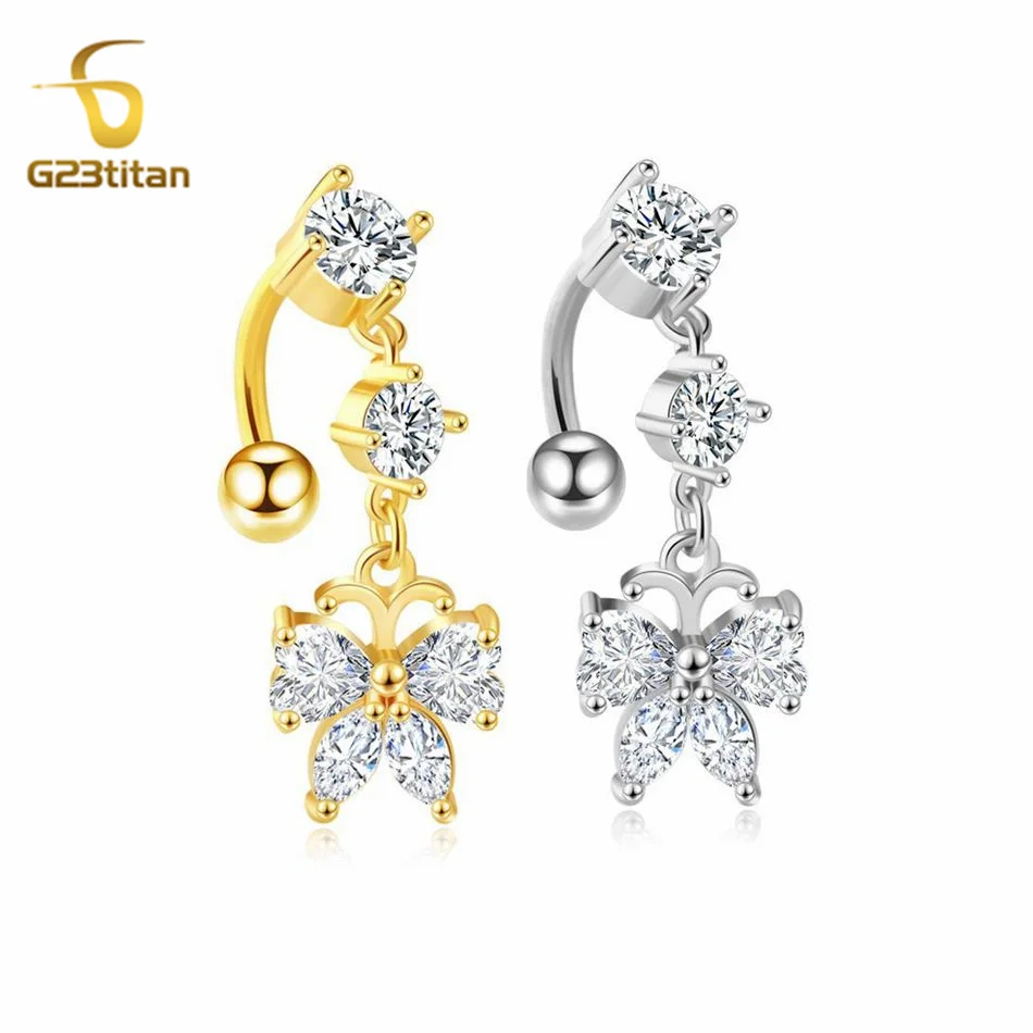 G23Titan Zircon Butterfly Bellybutton Ring Pendant 14G Titanium Steel Bar Anti Allergic Perforated Body Women's Navel Earring