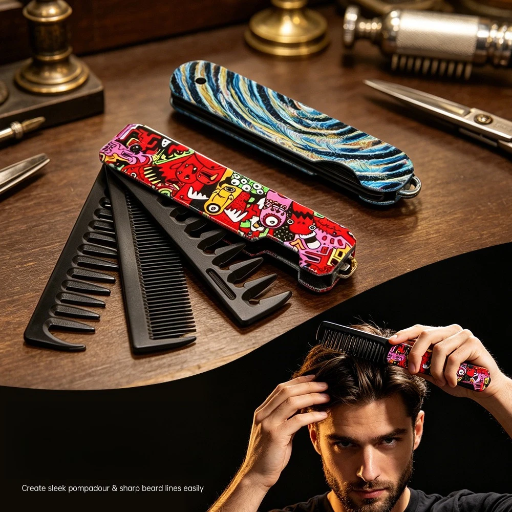 Graffiti Barber Hair Clipper Folding Combs Multifuncional Plastic Wide Tooth Oil Head Comb Beard Combing 3In1 Styling Tools