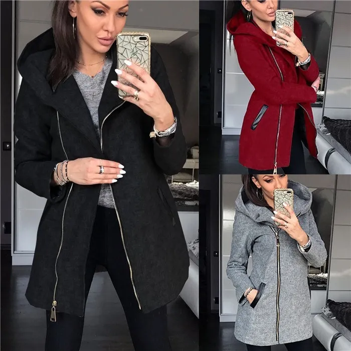 

Winter Long Women's Coat Street Sle Jaet Hooded Zipper Front Slim Fit Mid-Length Coat for Ladies