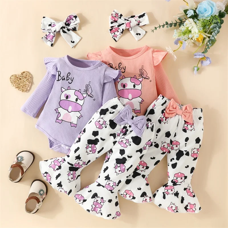 

2023-08-08 Lioraitiin 0-18M Baby Girl Fall Outfits Letter Cow Print Crew Long Sleeve Rompers Flare Pants Headband Clothes Set