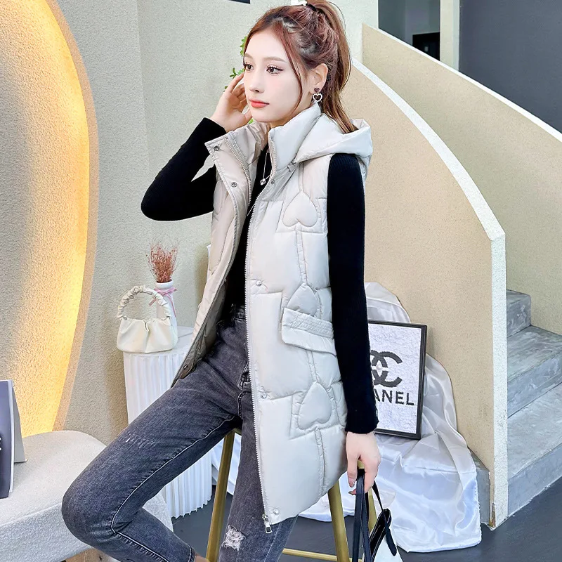 Women Mid Long Coat Vest New Autumn Winter Sleeveless Warm Cotton Padded Coat Waistcoat Hooded Vest Down Cotton Jacket Outwear