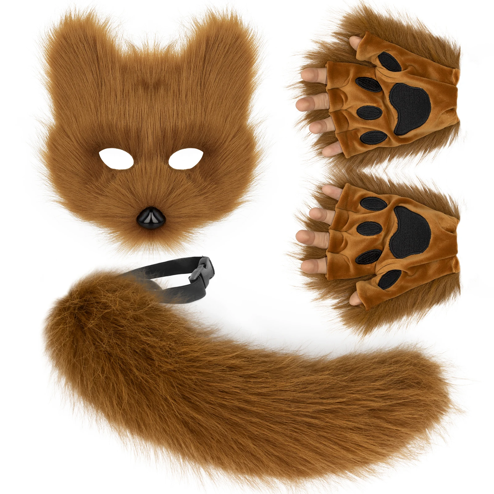 Furry Fox Mask Wolf Fox Tail and Paw Gloves Set Adult Cat Halloween Mask Cosplay Animal Party Costume