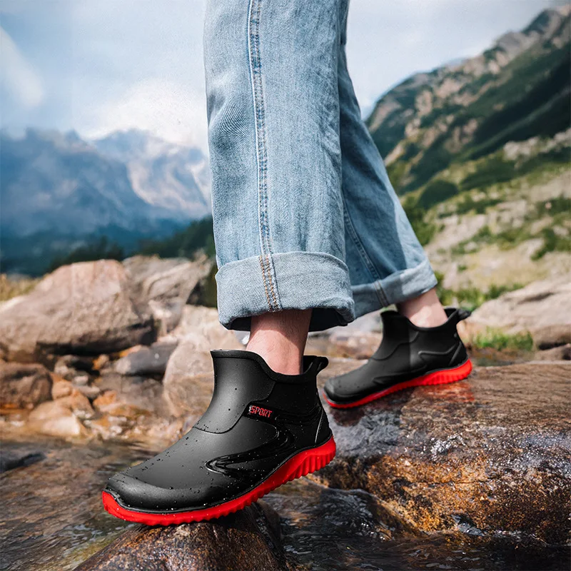 

2025 New Short Men Waterproof Anti Slip Rain Boots Low Cut Soft Soled Outdoor Sports Rain Shoes Fashionable Casual Men's Shoes