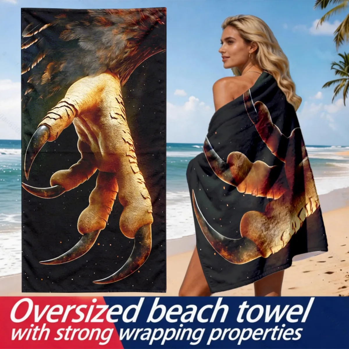 Close-up of the sharp claws of a raptor polyester microfiber beach towel is highly absorbent suitable for swimming beach outings