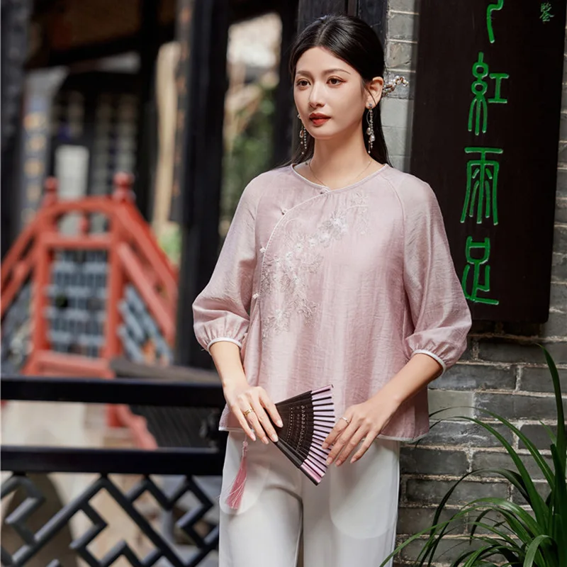 

High-end Spring Summer Top Chinese Tang Attire Retro Embroidery Elegant Lady Blouse Female S-XXL