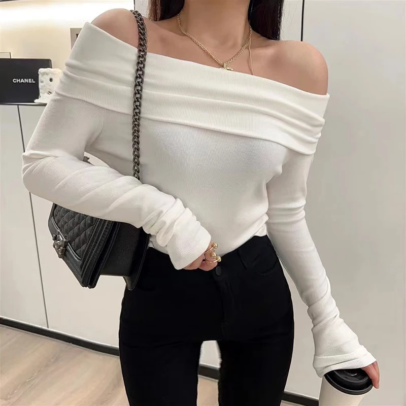 Black Sexy Slash Neck Knitted Sweater Women autumn Fashion Pleated Off Shoulder Jumpers lady Elegant Long Sleeve Slim Pullovers