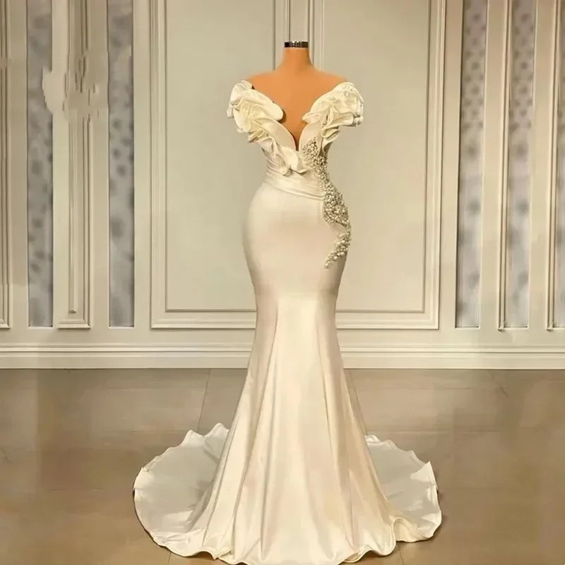 Personalizado dubai arábia pérolas sereia vestidos de casamento sexy fora do ombro cetim babados vestidos de noiva do vintage novia