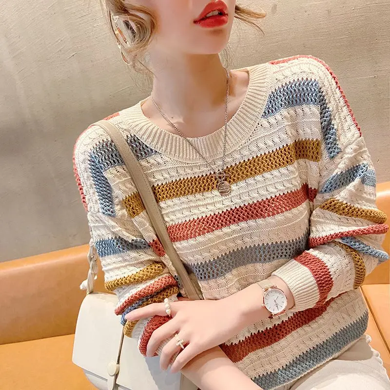Woman T-shirt Slim Clothing 2024 Knitted Top for Women Tshirt Crochet Loose Striped Korea Stylish Sale Emo Cool 2000s O Tee
