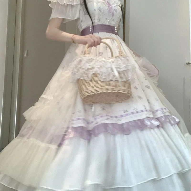 Japanese Elegant princess Party Dress Women sweet bow Ruffles Off Shoulder floral long Dresses Victorian Vintage Lolita OP Dress