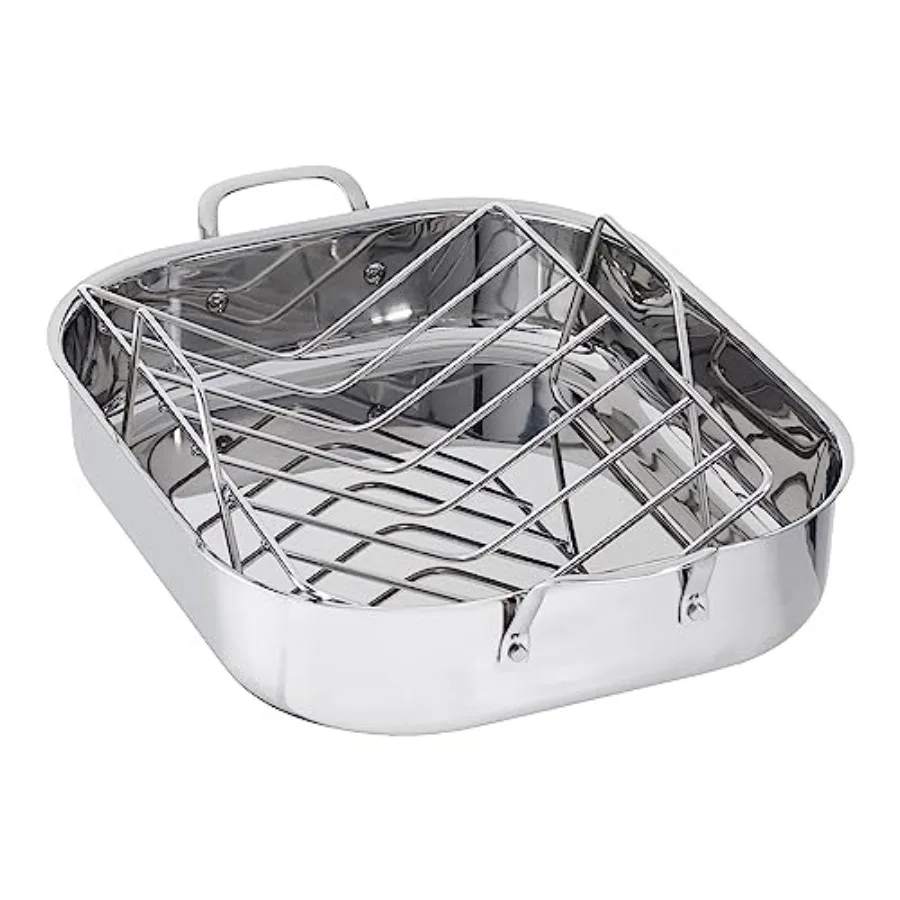 

Stainless Steel Rectangular Roasting Pan with Rack Turkey Roaster Dishwasher Safe Easy to Clean Oven Safe 16 in