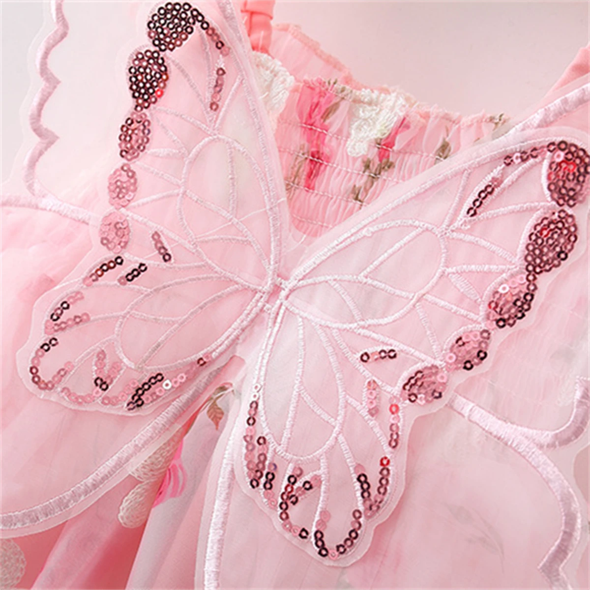 Summer beach baby girl dress with butterfly wings embroidery on the back rose print suspender princess dress