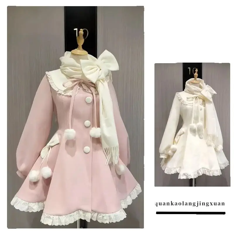 

Japan Sweet Soft Girl Lolita Woolen Coats Splicing Doll Collar Lace-Up Bow Single-Breasted Slim A-Line Long Coat Women Winter