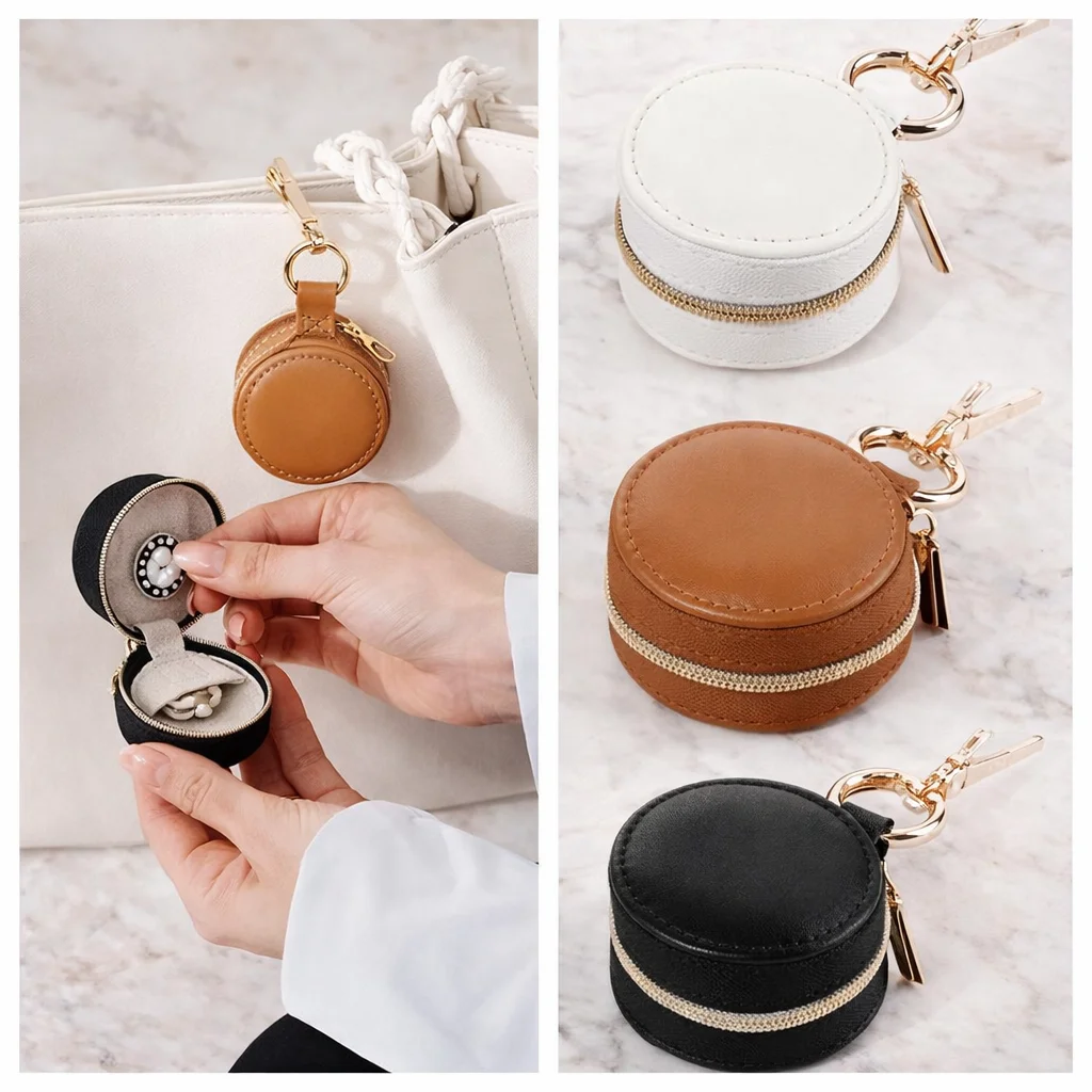 

Уникальный однотонный футляр для украшений из ПУ-кожи, круглая коробка для хранения ювелирных изделий из искусственной кожи, легкий, с брелоком, для ожерелий и колец, дорожный.