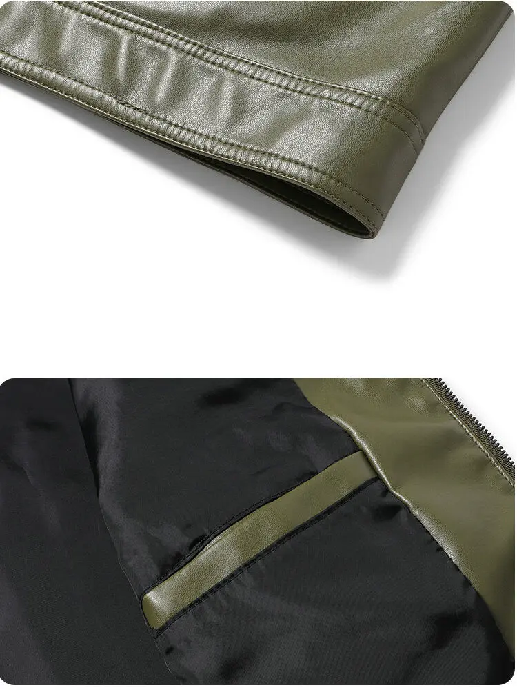 2025 الرجال دراجة نارية و السائق جودة عالية لينة فو سترات من الجلد الذكور الشرير الجيش الأخضر بولي PU سستة كول يندبروف الشارع معاطف #6