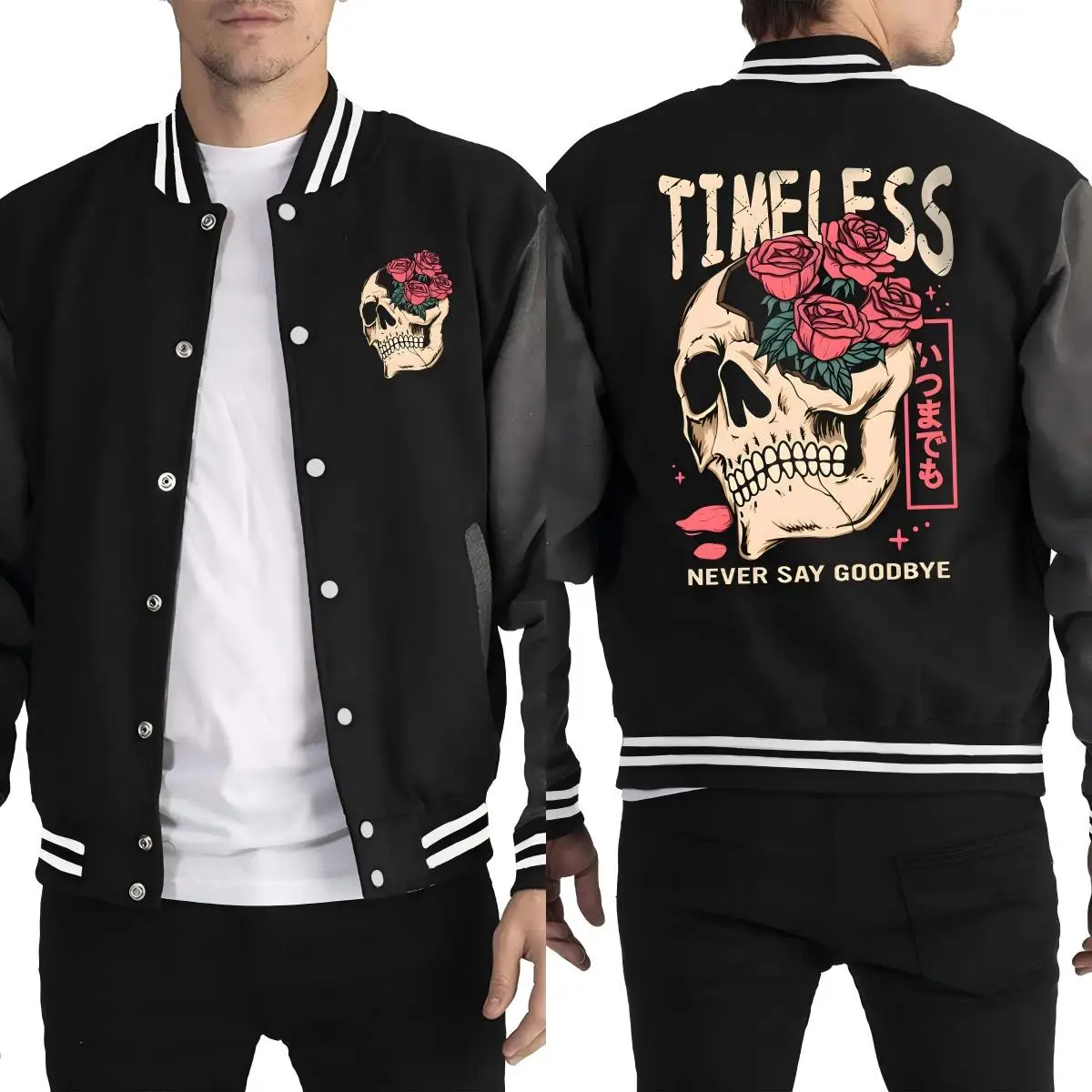 Intemporal Never Say Goodbye-uniforme de béisbol con estampado de calaveras y flores para hombre, ropa de moda de otoño, chaqueta holgada de lana, chaquetas de Hip Hop