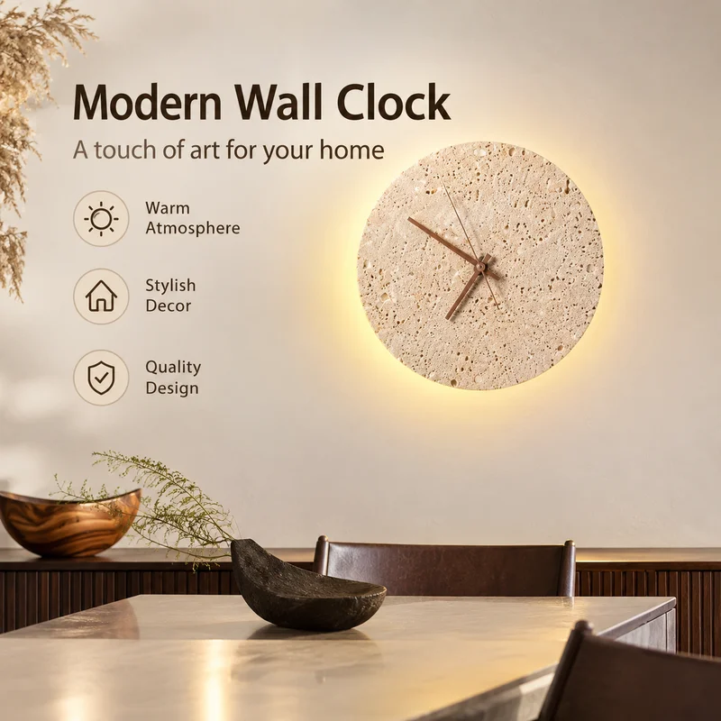 Wall Sconce Clock, Round Travertine Stone Light, Japanese Wabi Sabi Design for Bedroom Stairway Living Rooms Ambiance Decor Lamp