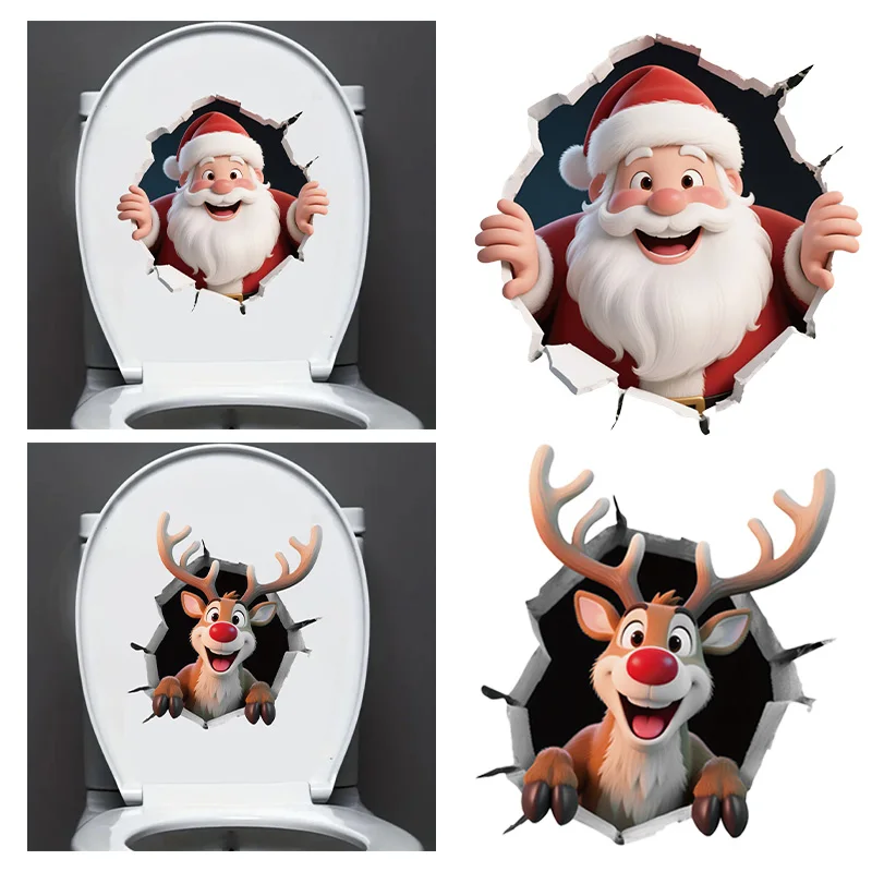 عيد الميلاد الكرتون سانتا كلوز الرنة كسر من خلال الجدار كشف غرفة المرحاض الباب ملصق مقاوم للماء ذاتية اللصق ديكور