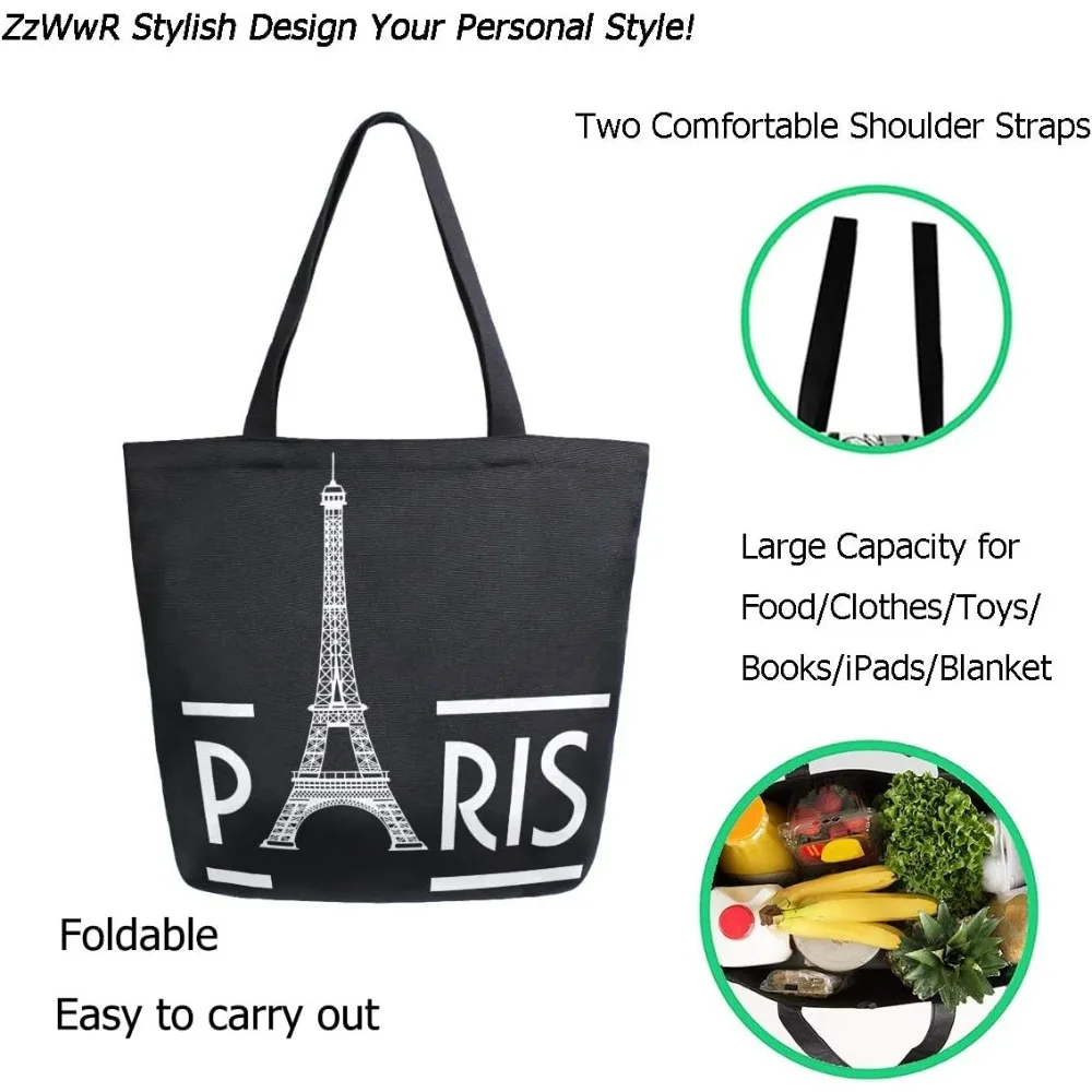 Stylish Eiffel Tower Paris Pattern Extra Large Canvas Shoulder Tote Top Storage Handle Bag for Gym Beach Weekender Travel