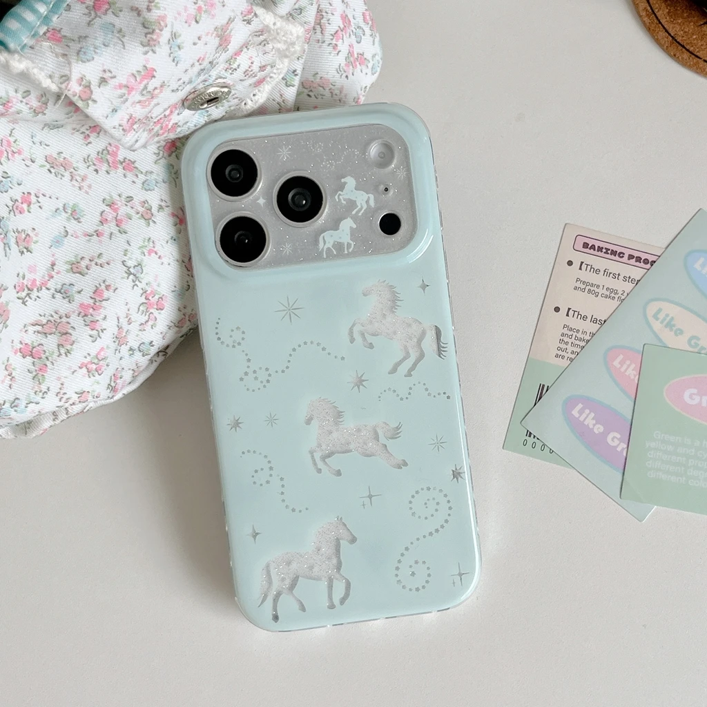 Frische, hellgrüne, ausgehöhlte Glitzer-Pony-Silhouette, silberner Stern, schützende Handyhülle für iPhone 18 17 16 15 14 Pro Max – Detail 3
