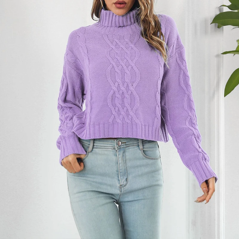 

Women's Knit Sweater Pullovers for Autumn and Winter Turtleneck Pullover Full Sleeve Loose Solid Twist Short Skinny Sweaters