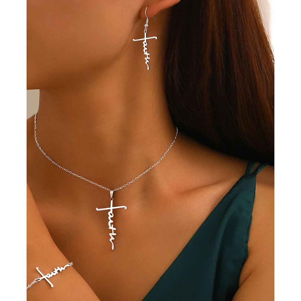 DOTIFI Stainless Steel Set Personalized Fashion Symbol Jesus Necklace Bracelet Earrings Three Piece Jewelry for Men and Women