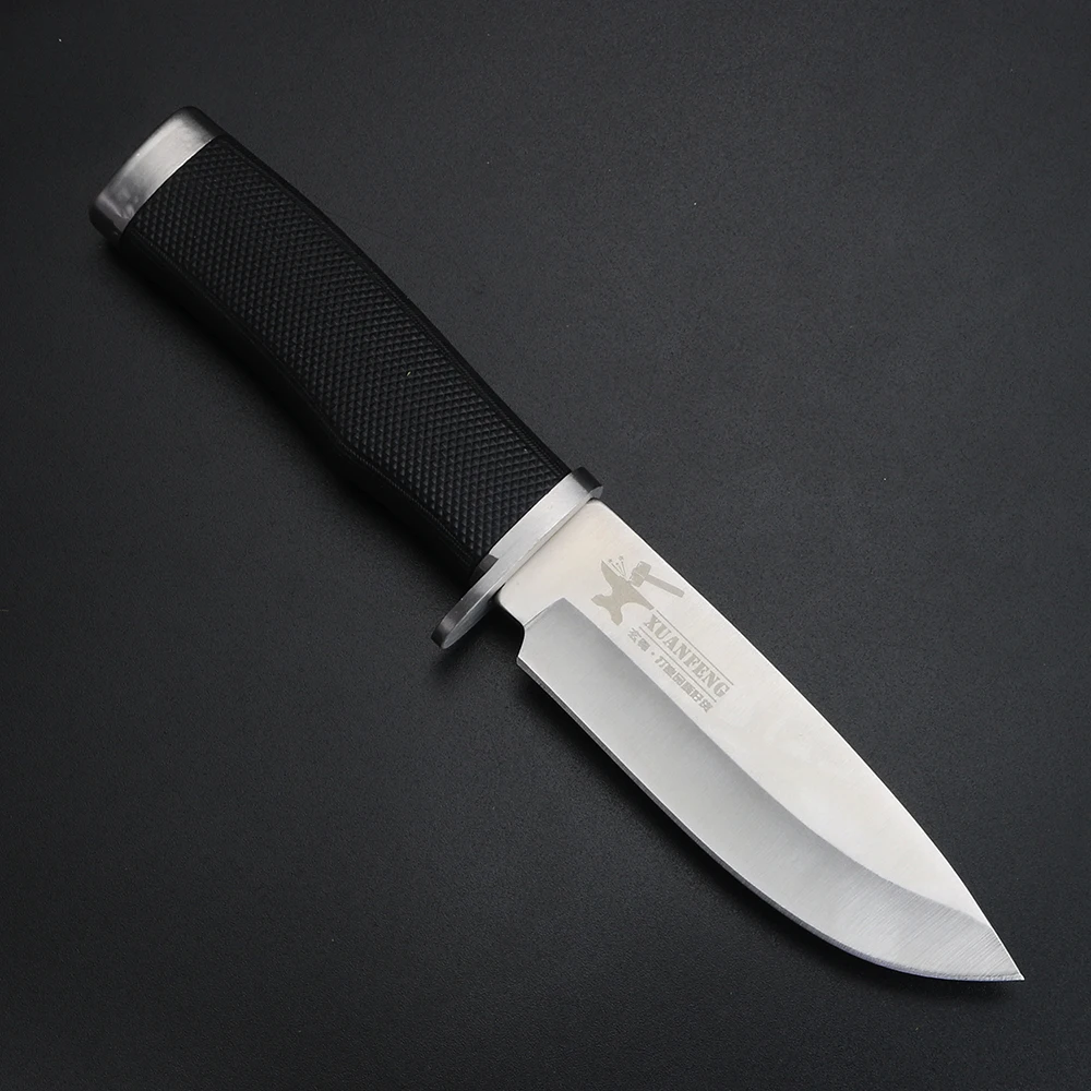 Cuchillo de hoja fija con mango de goma, cuchillo de caza de alta dureza, herramienta EDC multifuncional para acampar