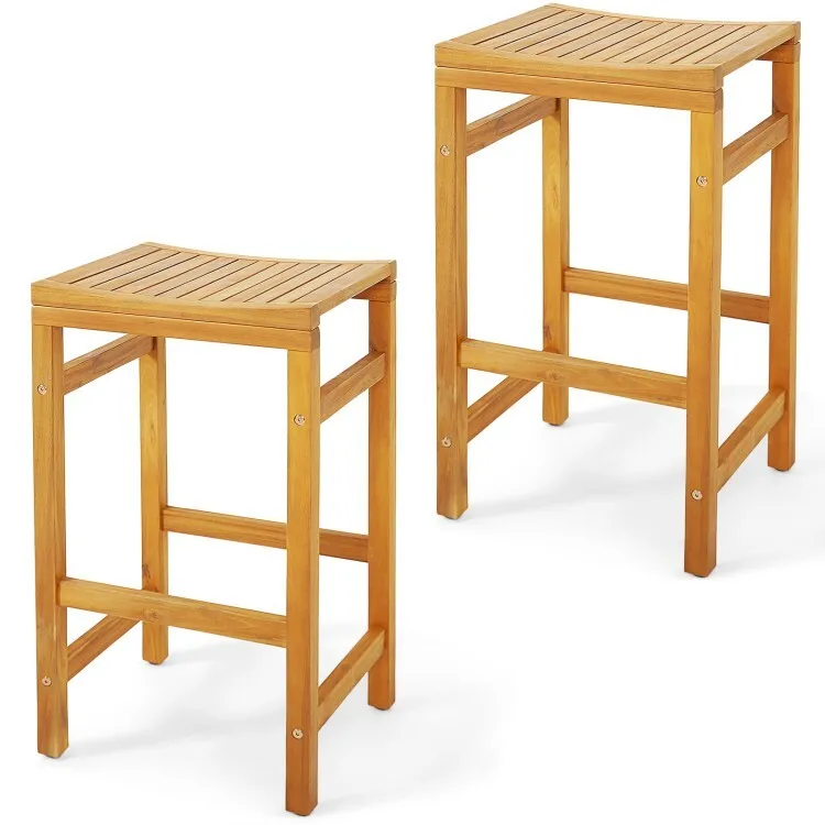 

30" Patio Outdoor Acacia Wood Height Bar Chair w/Saddle Seat & Sturdy Footrest