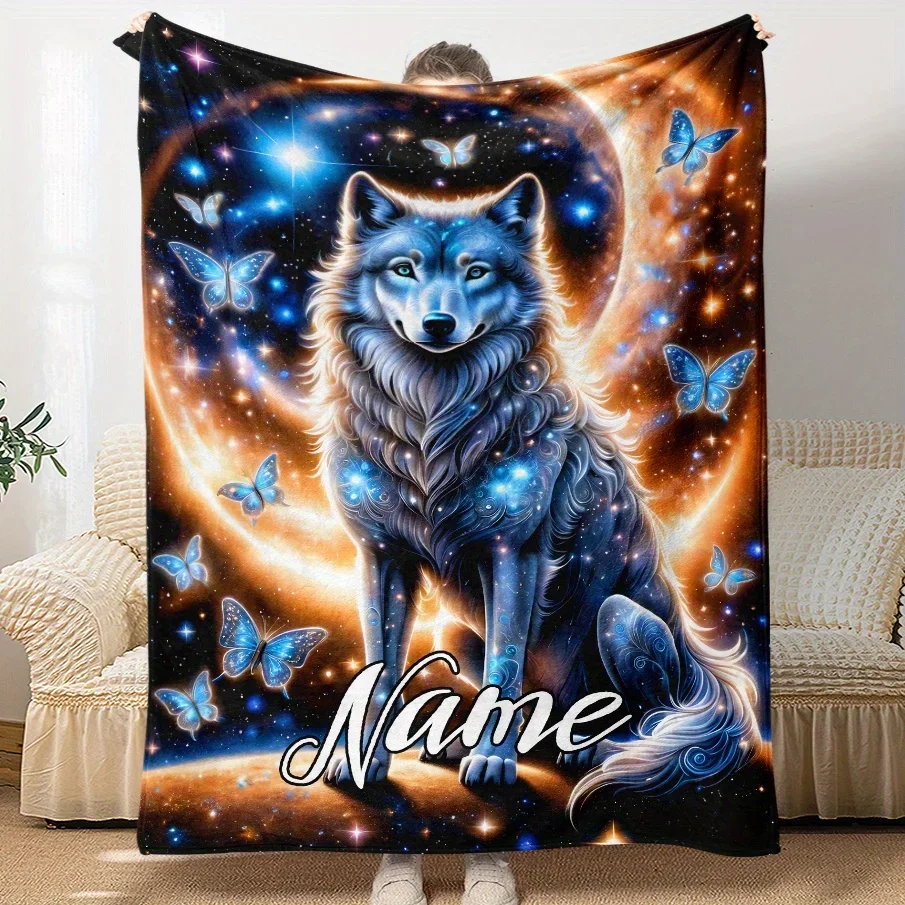 Custom name wolf king themed flannel blanket, suitable for sofa, bed, birthday, children, boys, family, friends, gifts
