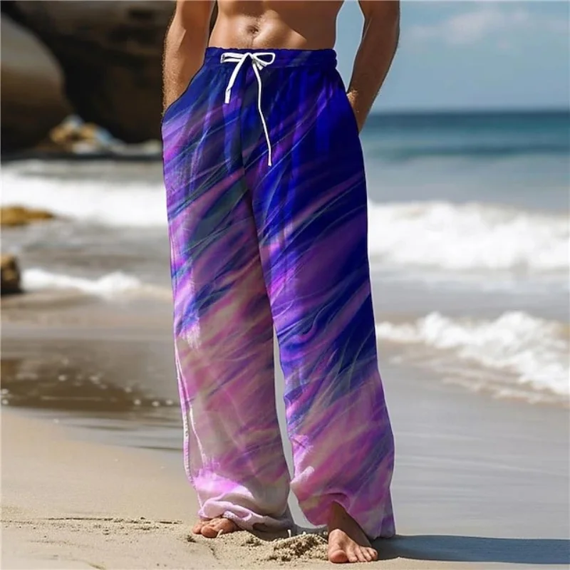 2025 جديد الرجال الصيف الرباط سراويل تقليدية ثلاثية الأبعاد التدرج شريط عطلة الشاطئ مستقيم الساق السراويل أنيق الرجال بناطيل الشواطئ #2