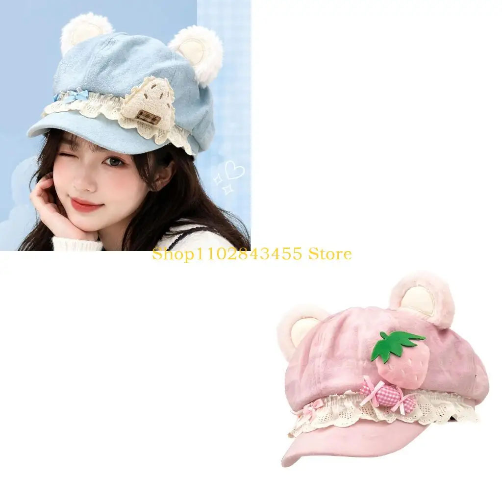 49MC Japanese Styles Bear Ear Cap for Women Girl Soft Lace Trim Octagonal Hat for Anime Event, Street Styling and Photography