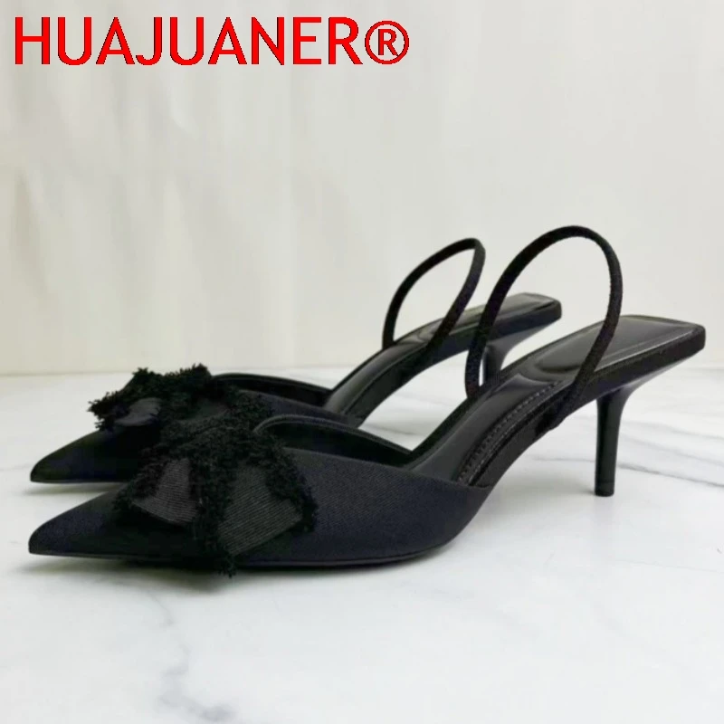 2027 Summer Women Slingback Shoes Black Bow Decoration Pointed Toe High Heels Formal Business Stiletto Female Party Sandals