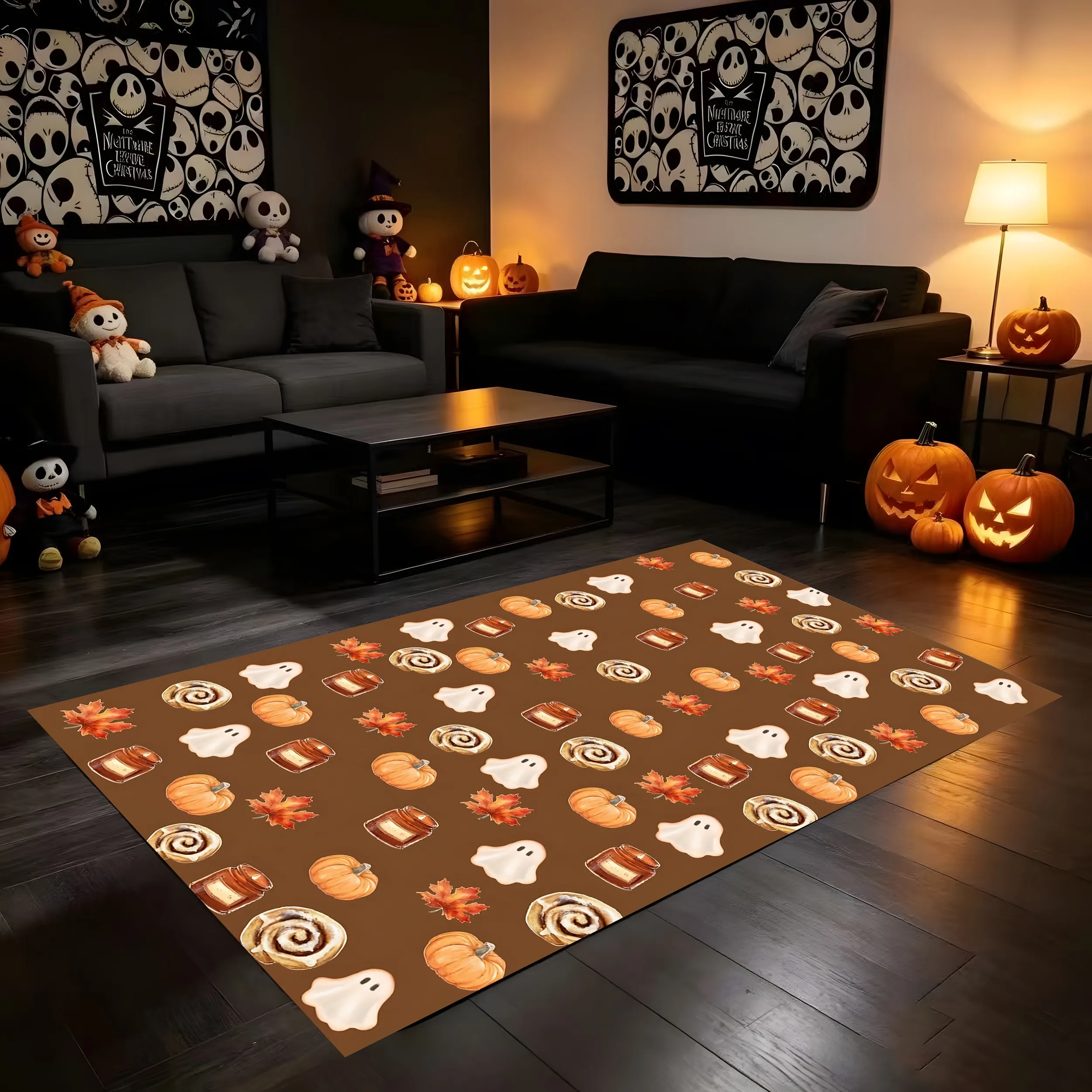 2D Carpet Ghostly Pumpkin Maple Leaf Prints Full Coverage Design Childlike Soothing Warm Soft Tones Vibrant Colors Halloween the