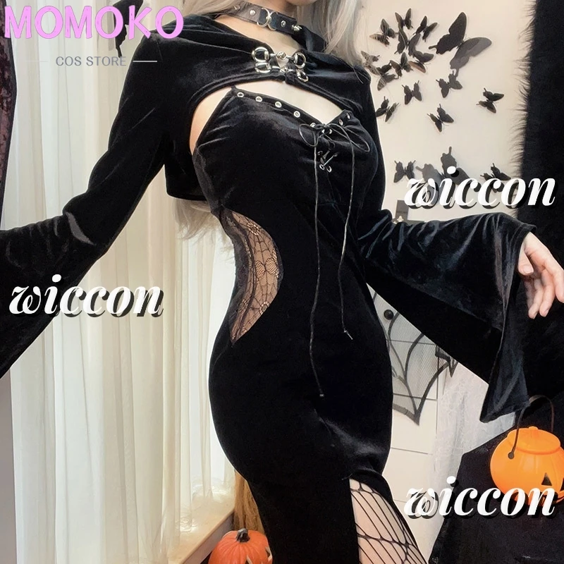 Halloween Gothic Grunge Punk Women Dress Long Sleeve Horn Sleeve Black Sexy Dress 2024 New Y2K Harajuku Party Dress