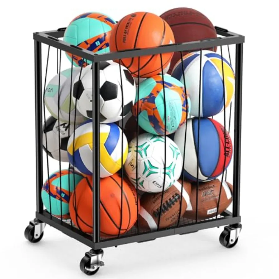 

Garage Ball Rolling Storage Rack Large Capacity Basketball Holder with Elastic Rope [Hold 12-15 Balls][Easy to Take] Garage Spo