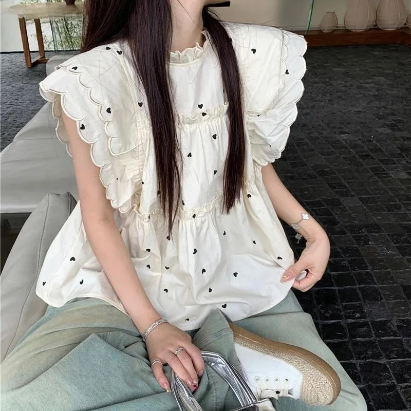 

Simple Blouses Women Flying Sleeve Heart Printed Ruched Ruffles Korean Style Stylish Chic Ulzzang Loose Fit Tops Leisure Sweet