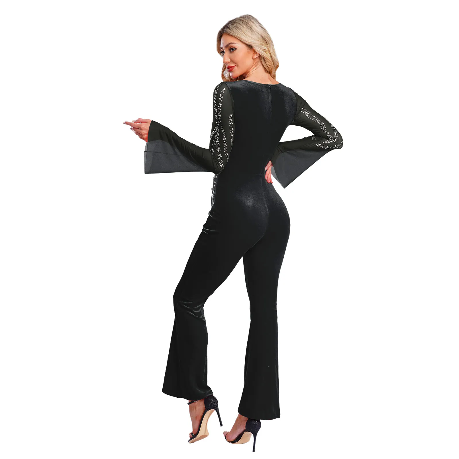 Women Sparkly Rhinestones Jumpsuit Tulle Flare Long Sleeve Bodysuit Ballet Jazz Dance Cha-cha Tango Skating Gymnastics Costume